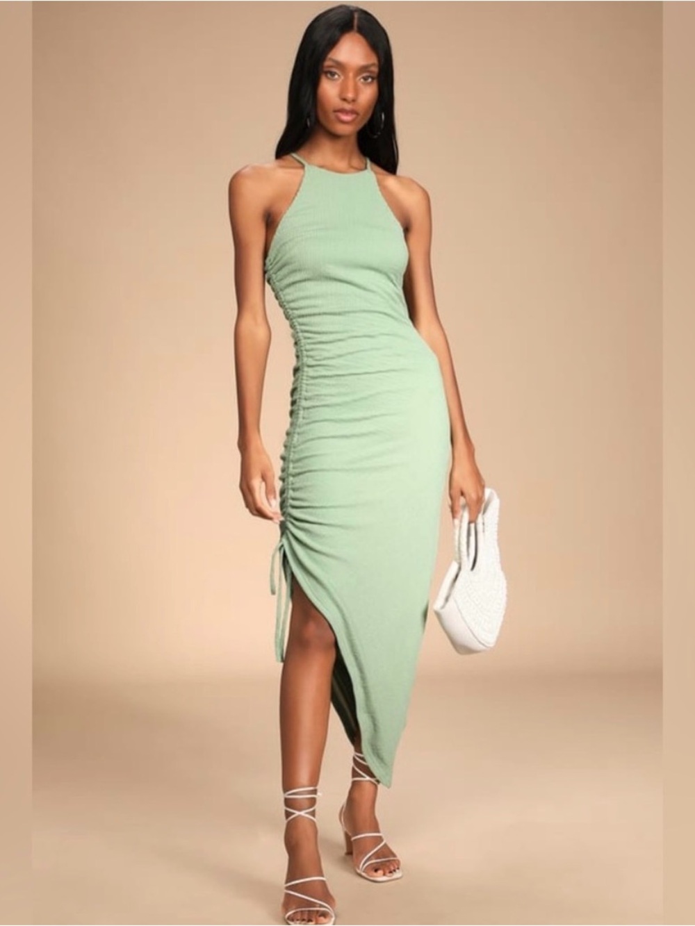 Lulu's Sage Ruched Halter Asymmetrical Midi Dress